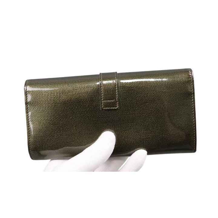 YVES SAINT LAURENT Vintage Used Green Patent Leather Long Wallet